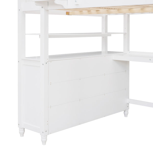 English Elm Full Size Pine Wood Loft Bed with Built-in Desk Shelves and Drawer Storage LT011529AAK