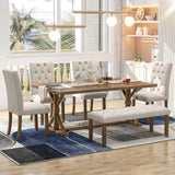 Hearth and Haven Olivia 6 Piece Dining Table Set with 4 Upholstered Chairs and Bench, Walnut