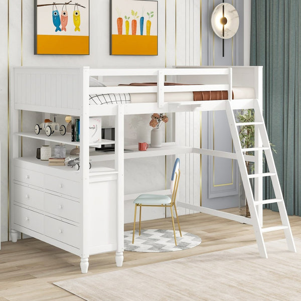 English Elm Full Size Pine Wood Loft Bed with Built-in Desk Shelves and Drawer Storage LT011529AAK