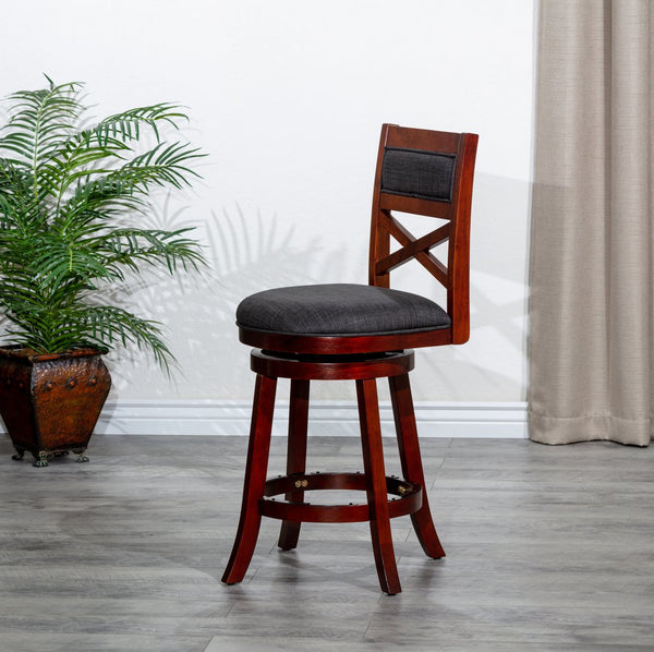 English Elm 30" Bar Height X-Back Swivel Stool - Cherry Finish, Charcoal Padded Seat, Perfect For Bars & Kitchens B04660711