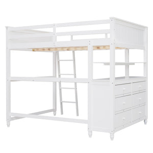 English Elm Full Size Pine Wood Loft Bed with Built-in Desk Shelves and Drawer Storage LT011529AAK