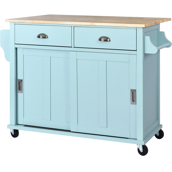 English Elm Kitchen Cart with Drop-Leaf Rubberwood Countertop, Sliding Barn Door, Locking Wheels & Storage Space Mint Green SK000001AAE