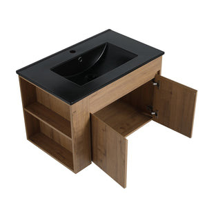 English Elm 30 Inch Bathroom Vanity - Modern Black Ceramic Basin With Adjustable Open Shelf For Small Spaces W999S00004