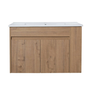 English Elm 30 Inch Bathroom Vanity With Adjustable Open Shelf & Modern White Ceramic Basin For Easy Assembly W999S00003