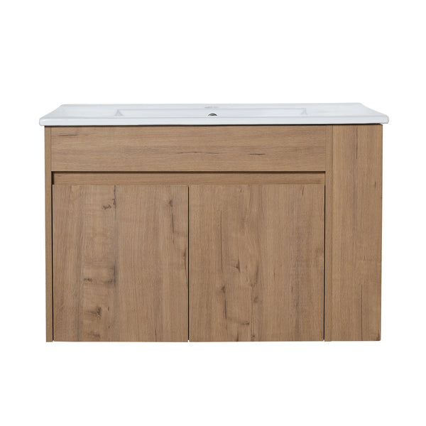English Elm 30 Inch Bathroom Vanity With Adjustable Open Shelf & Modern White Ceramic Basin For Easy Assembly W999S00003