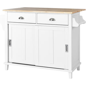 English Elm Kitchen Cart with Drop-Leaf Rubberwood Countertop, Sliding Barn Door, Locking Wheels & Storage Space White SK000001AAW