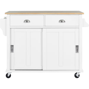 English Elm Kitchen Cart with Drop-Leaf Rubberwood Countertop, Sliding Barn Door, Locking Wheels & Storage Space White SK000001AAW