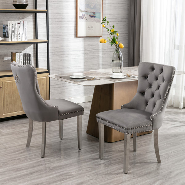 English Elm A&A Velvet Tufted Dining Chair with Nailhead Trim and Chrome Plated Legs — Modern Luxe Seating Gray W114352491