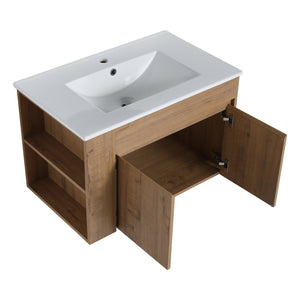 English Elm 30 Inch Bathroom Vanity With Adjustable Open Shelf & Modern White Ceramic Basin For Easy Assembly W999S00003