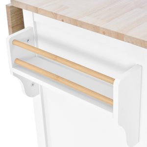 English Elm Kitchen Cart with Drop-Leaf Rubberwood Countertop, Sliding Barn Door, Locking Wheels & Storage Space White SK000001AAW