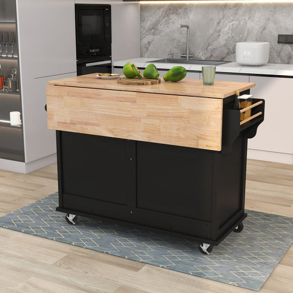 English Elm Kitchen Cart with Drop-Leaf Rubberwood Countertop, Sliding Barn Door, Locking Wheels & Storage Space Black SK000001AAB