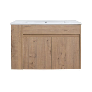 English Elm 30 Inch Wall Mounted Bathroom Vanity with Open Shelf Hardware Free Handle Design W99956039