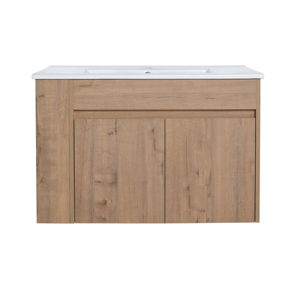 English Elm 30 Inch Wall Mounted Bathroom Vanity with Open Shelf Hardware Free Handle Design W99956039