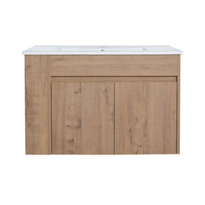 English Elm 30 Inch Bathroom Vanity With Adjustable Open Shelf & Modern White Ceramic Basin For Easy Assembly W999S00003