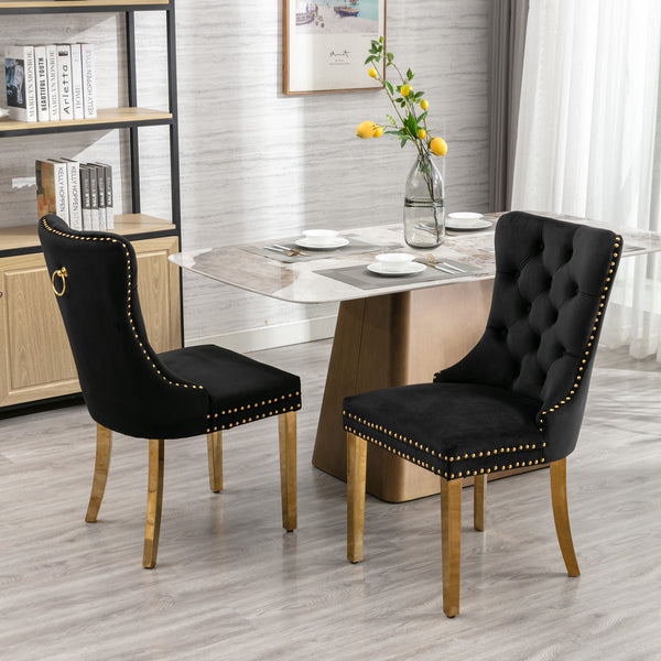 English Elm A&A Velvet Tufted Dining Chair with Nailhead Trim and Chrome Plated Legs — Modern Luxe Seating Black W114352493