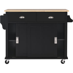English Elm Kitchen Cart with Drop-Leaf Rubberwood Countertop, Sliding Barn Door, Locking Wheels & Storage Space Black SK000001AAB