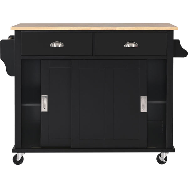 English Elm Kitchen Cart with Drop-Leaf Rubberwood Countertop, Sliding Barn Door, Locking Wheels & Storage Space Black SK000001AAB