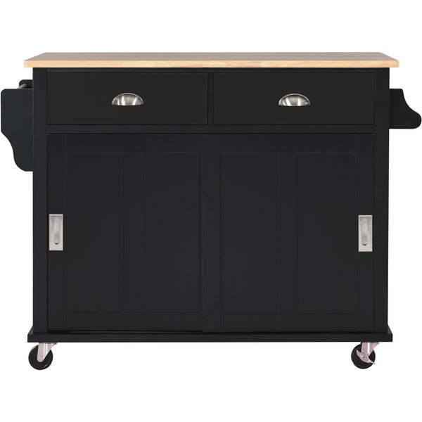 English Elm Kitchen Cart with Drop-Leaf Rubberwood Countertop, Sliding Barn Door, Locking Wheels & Storage Space Black SK000001AAB