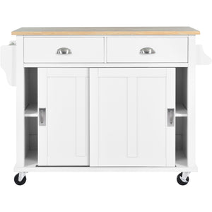 English Elm Kitchen Cart with Drop-Leaf Rubberwood Countertop, Sliding Barn Door, Locking Wheels & Storage Space White SK000001AAW