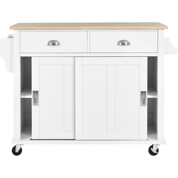 English Elm Kitchen Cart with Drop-Leaf Rubberwood Countertop, Sliding Barn Door, Locking Wheels & Storage Space White SK000001AAW