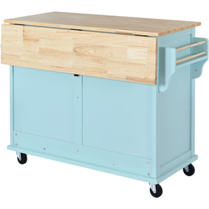 English Elm Kitchen Cart with Drop-Leaf Rubberwood Countertop, Sliding Barn Door, Locking Wheels & Storage Space Mint Green SK000001AAE