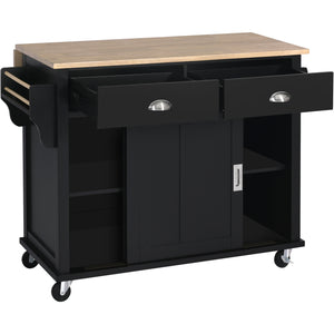 English Elm Kitchen Cart with Drop-Leaf Rubberwood Countertop, Sliding Barn Door, Locking Wheels & Storage Space Black SK000001AAB