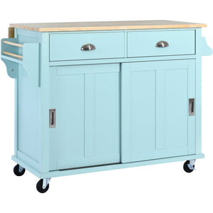 English Elm Kitchen Cart with Drop-Leaf Rubberwood Countertop, Sliding Barn Door, Locking Wheels & Storage Space Mint Green SK000001AAE