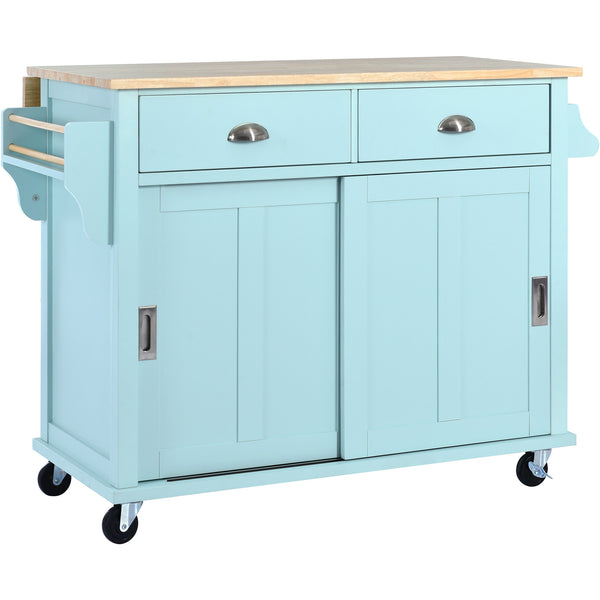 English Elm Kitchen Cart with Drop-Leaf Rubberwood Countertop, Sliding Barn Door, Locking Wheels & Storage Space Mint Green SK000001AAE