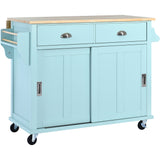 English Elm Kitchen Cart With Rubber Wood Drop-Leaf Countertop, Concealed Sliding Barn Door Adjustable Height,Kitchen Island On 4 Wheels With Storage Cabinet and 2 Drawers,L52.2Xw30.5Xh36.6 Inch, Mint Green