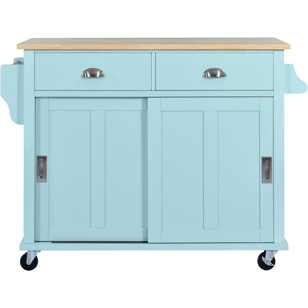 English Elm Kitchen Cart with Drop-Leaf Rubberwood Countertop, Sliding Barn Door, Locking Wheels & Storage Space Mint Green SK000001AAE