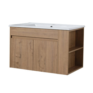 English Elm 30 Inch Bathroom Vanity With Adjustable Open Shelf & Modern White Ceramic Basin For Easy Assembly W999S00003