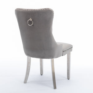 English Elm A&A Velvet Tufted Dining Chair with Nailhead Trim and Chrome Plated Legs — Modern Luxe Seating Gray W114352491