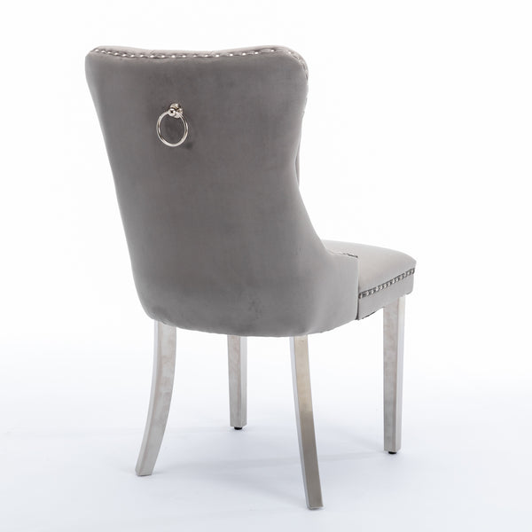 English Elm A&A Velvet Tufted Dining Chair with Nailhead Trim and Chrome Plated Legs — Modern Luxe Seating Gray W114352491