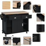 English Elm Kitchen Cart With Rubber Wood Drop-Leaf Countertop, Concealed Sliding Barn Door Adjustable Height,Kitchen Island On 4 Wheels With Storage Cabinet and 2 Drawers,L52.2Xw30.5Xh36.6 Inch, Black