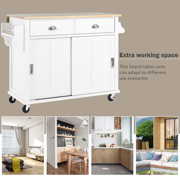 English Elm Kitchen Cart with Drop-Leaf Rubberwood Countertop, Sliding Barn Door, Locking Wheels & Storage Space White SK000001AAW