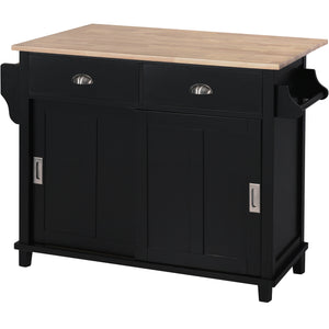 English Elm Kitchen Cart with Drop-Leaf Rubberwood Countertop, Sliding Barn Door, Locking Wheels & Storage Space Black SK000001AAB