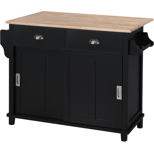 English Elm Kitchen Cart with Drop-Leaf Rubberwood Countertop, Sliding Barn Door, Locking Wheels & Storage Space Black SK000001AAB