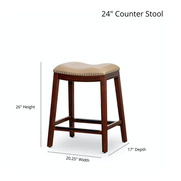 English Elm 24" Counter Height Saddle Stool Weathered Gray with Black Bonded Leather Seat & Nailhead Trim Durable Hardwood Frame B046109806