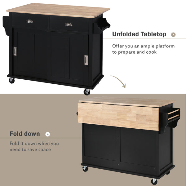 English Elm Kitchen Cart with Drop-Leaf Rubberwood Countertop, Sliding Barn Door, Locking Wheels & Storage Space Black SK000001AAB