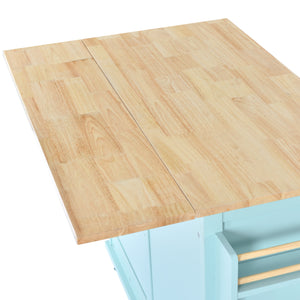 English Elm Kitchen Cart with Drop-Leaf Rubberwood Countertop, Sliding Barn Door, Locking Wheels & Storage Space Mint Green SK000001AAE
