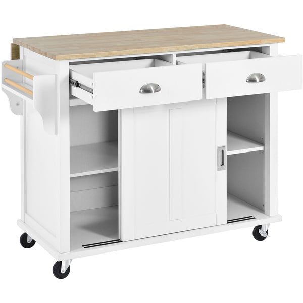 English Elm Kitchen Cart with Drop-Leaf Rubberwood Countertop, Sliding Barn Door, Locking Wheels & Storage Space White SK000001AAW