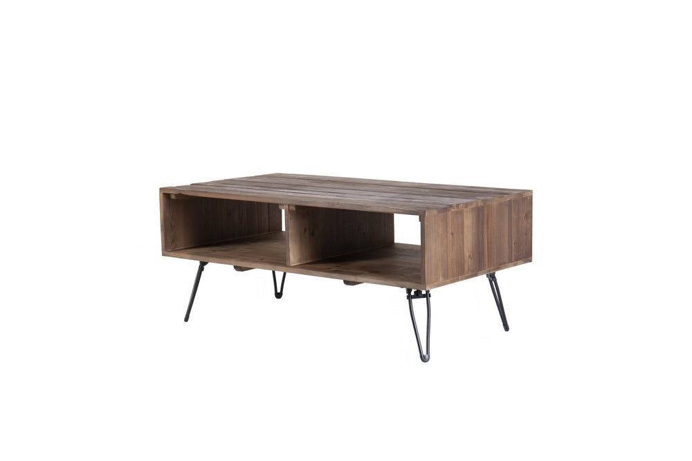 English Elm Reclaimed Wood Foldable Coffee Table with Open Shelf and Black Metal Legs W142562417