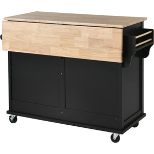 English Elm Kitchen Cart with Drop-Leaf Rubberwood Countertop, Sliding Barn Door, Locking Wheels & Storage Space Black SK000001AAB
