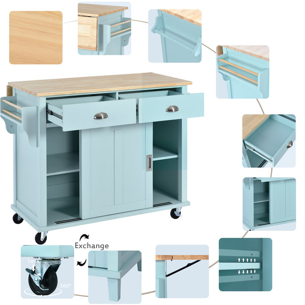 English Elm Kitchen Cart with Drop-Leaf Rubberwood Countertop, Sliding Barn Door, Locking Wheels & Storage Space Mint Green SK000001AAE