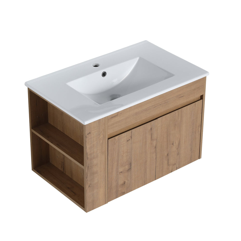 English Elm 30 Inch Bathroom Vanity With Adjustable Open Shelf & Modern White Ceramic Basin For Easy Assembly W999S00003