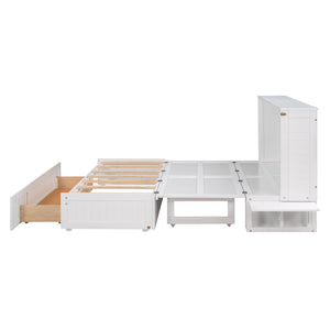 English Elm Queen Mobile Murphy Bed with Drawer & Side Shelves, Space-Saving White Wall Bed for Guests (Queen) GX000317AAK-1