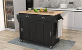 English Elm Kitchen Cart With Rubber Wood Drop-Leaf Countertop, Concealed Sliding Barn Door Adjustable Height,Kitchen Island On 4 Wheels With Storage Cabinet and 2 Drawers,L52.2Xw30.5Xh36.6 Inch, Black