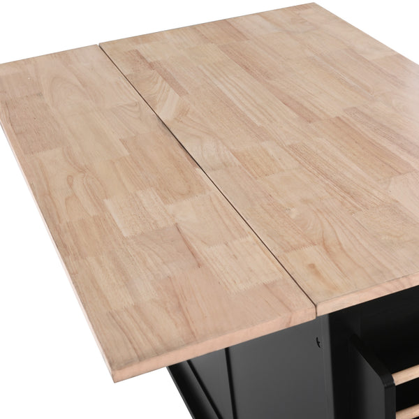 English Elm Kitchen Cart with Drop-Leaf Rubberwood Countertop, Sliding Barn Door, Locking Wheels & Storage Space Black SK000001AAB