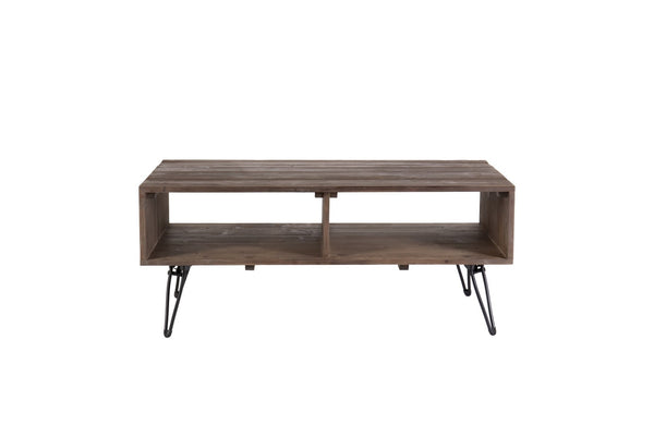 English Elm Reclaimed Wood Foldable Coffee Table with Open Shelf and Black Metal Legs W142562417