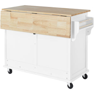 English Elm Kitchen Cart with Drop-Leaf Rubberwood Countertop, Sliding Barn Door, Locking Wheels & Storage Space White SK000001AAW